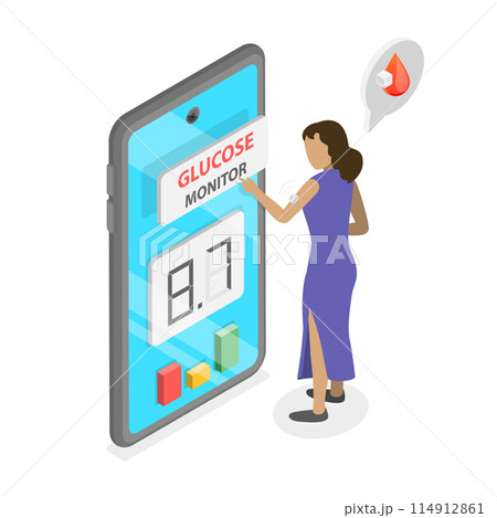 3D Isometric Flat  Conceptual Illustration of Glucose Sensor Conveniently Monitor , Measurement of Blood Glucose Level 114912861
