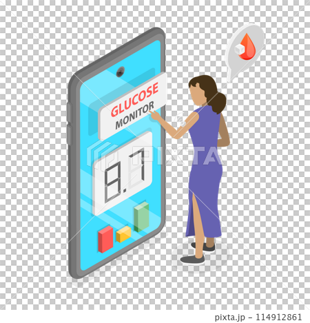 3D Isometric Flat  Conceptual Illustration of Glucose Sensor Conveniently Monitor , Measurement of Blood Glucose Level 114912861