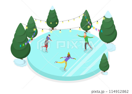 3D Isometric Flat  Conceptual Illustration of Ice Rink, Winter Sport and Activities 114912862