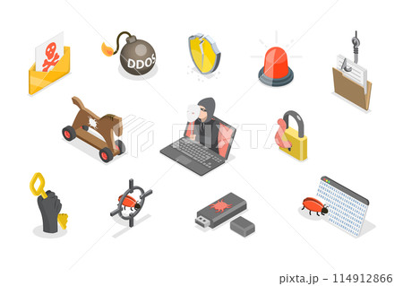 3D Isometric Flat  Set of Hacker Icons, Cyber Crime 114912866