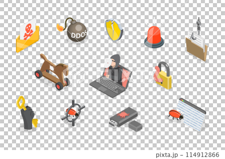 3D Isometric Flat  Set of Hacker Icons, Cyber Crime 114912866