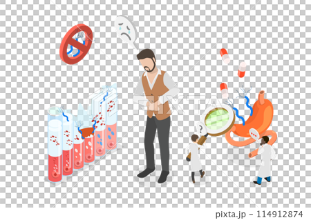 3D Isometric Flat  Conceptual Illustration of Helicobacter Pylori Infection, Problems with Intestines or Digestion 114912874