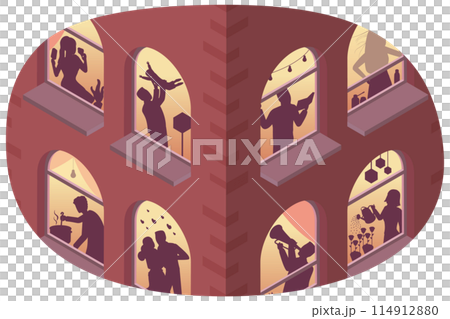 3D Isometric Flat  Conceptual Illustration of Windows With Silhouettes , City Building at Night 114912880