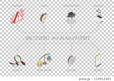 3D Isometric Flat  Conceptual Illustration of Incident Management, Investigating of Root Cause and Solving a Problem 114912881