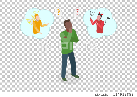 3D Isometric Flat  Conceptual Illustration of Right Or Wrong Decision, Shoulder Devil and Angel 114912882