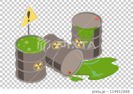 3D Isometric Flat  Conceptual Illustration of Radioactive Contamination, Barrels of Chemical Waste 114912888