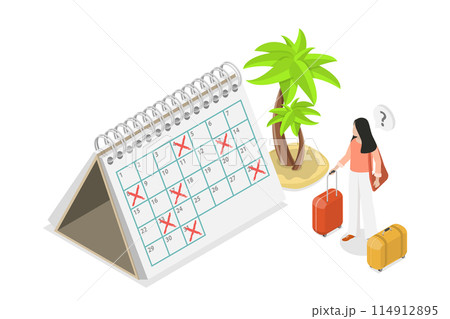 3D Isometric Flat Conceptual Illustration of Holiday or Vacation Calendar, Work Leave Schedule 3D Isometric Flat Conceptual Illustration of Holiday or Vacation Calendar, Work Leave Schedule 114912895