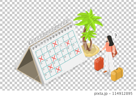 3D Isometric Flat Conceptual Illustration of Holiday or Vacation Calendar, Work Leave Schedule 3D Isometric Flat Conceptual Illustration of Holiday or Vacation Calendar, Work Leave Schedule 114912895
