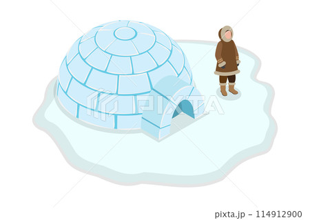 3D Isometric Flat  Conceptual Illustration of Inuit Culture, Character in Traditional Clothes 114912900
