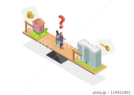 3D Isometric Flat  Conceptual Illustration of Buying Vs Renting Property, Advantages and Disadvantages 114912901