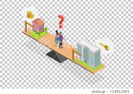 3D Isometric Flat  Conceptual Illustration of Buying Vs Renting Property, Advantages and Disadvantages 114912901