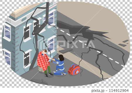 3D Isometric Flat  Conceptual Illustration of Earthquake, Emergency Rescue People From Natural Cataclysm 114912904