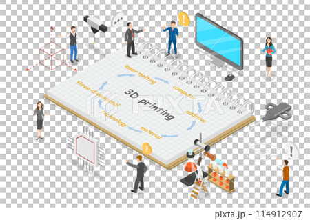 3D Isometric Flat  Illustration of 3D Printing, Process of Creation of Three-dimentional Object 114912907
