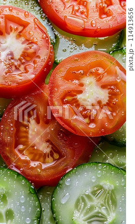 slices of cucumbers and tomatoes, vegetable texture 114913656