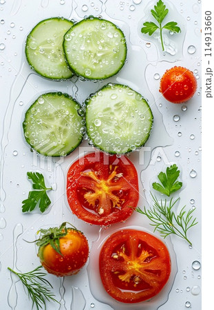 slices of cucumbers and tomatoes with greenery in drops of water, white background slices of cucumbers and tomatoes with greenery in drops of water, white background 114913660