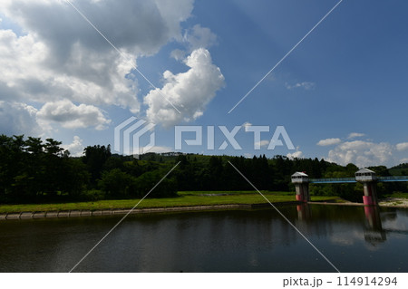 上流の綺麗な水が鬼面川頭首工によって溜まっている風景 上流の綺麗な水が鬼面川頭首工によって溜まっている風景 114914294