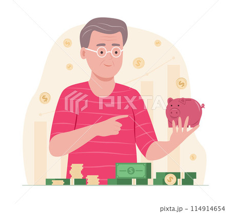 Senior Man Savings Money with Piggy Bank for Financial Concept Illustration 114914654