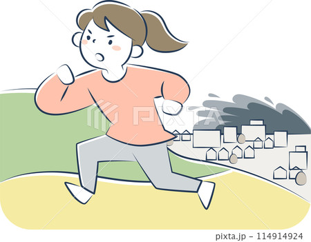 地震の時に津波から避難する女性 114914924