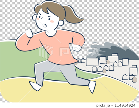 地震の時に津波から避難する女性 114914924