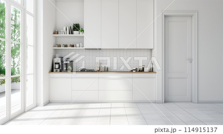 Sleek, minimalist kitchen with white cabinets, promoting cleanliness. 114915137