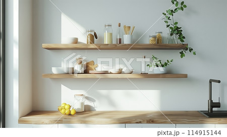 Open Shelving: Minimalist kitchen with select items on display for a sleek look. Open Shelving: Minimalist kitchen with select items on display for a sleek look. 114915144