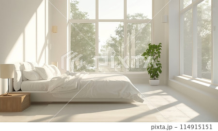 Bright, minimalistic bedroom with large windows showcasing natural light. 114915151