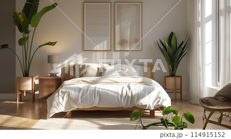 Minimalist Bedroom: Select items like artwork or a plant for serenity. 114915152