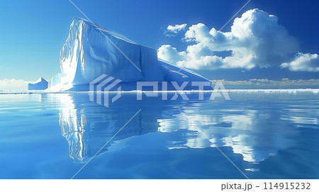 Majestic icebergs reflect in calm Arctic waters, showing stunning views. Majestic icebergs reflect in calm Arctic waters, showing stunning views. 114915232