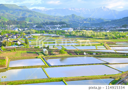 谷川岳　大峰山　山並　月夜野大橋から田園風景　　　 114915334