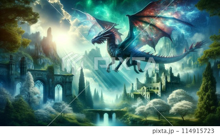 幻想の城と星空を舞うドラゴン 幻想の城と星空を舞うドラゴン 114915723