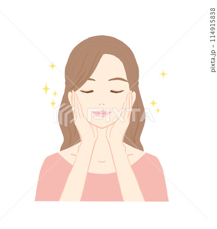 スキンケアで満足して笑顔の若い女性のイラスト 114915838