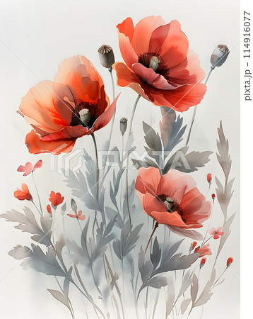 A vibrant watercolor painting of red poppies and leaves on a white background, showcasing the beauty of this flowering plant through artful strokes and creative use of color 114916077
