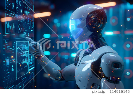 A robotic fictional character is standing in front of an electric blue computer screen displaying space games for entertainment A robotic fictional character is standing in front of an electric blue computer screen displaying space games for entertainment 114916146