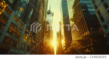 The sunlight is casting a warm glow through the skyscrapers and tower blocks of the city street, creating a beautiful cityscape at sunset 114916203