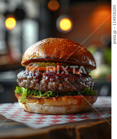 A closeup shot capturing the delicious layers of a classic hamburger on a table. This fast food staple consists of a bun, ingredients, and is a popular dish in many cuisines 114916205