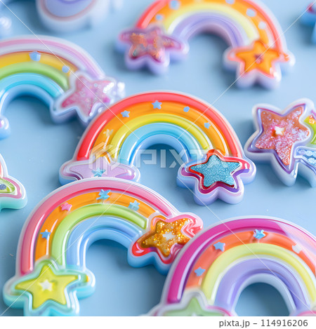 An artistic display of colorful rainbows and stars on a blue surface, resembling a fun and vibrant dishware design. Perfect for adding a touch of whimsy to your tableware collection 114916206