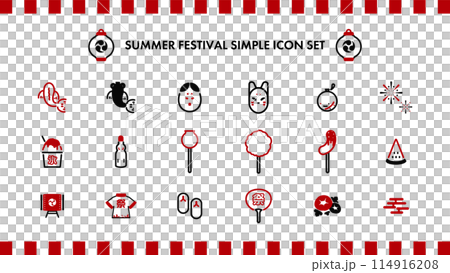 日本の夏祭りをモチーフにしたシンプルなラインアイコンセット（赤） 114916208