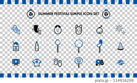 日本の夏祭りをモチーフにしたシンプルなラインアイコンセット（青） 114916209