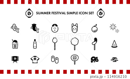 日本の夏祭りをモチーフにしたシンプルなラインアイコンセット 114916210