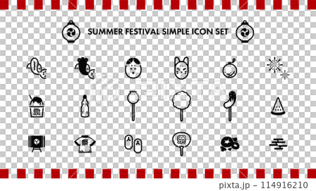 日本の夏祭りをモチーフにしたシンプルなラインアイコンセット 114916210