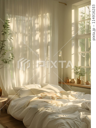 A bed frame made of hardwood stands on the hardwood floor in the bedroom, with white curtains hanging from the window for comfort and shade 114916283