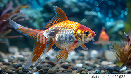 A vertebrate organism known as a goldfish is elegantly swimming in a tank of water. Its electric blue tail and fins gracefully glide underwater A vertebrate organism known as a goldfish is elegantly swimming in a tank of water. Its electric blue tail and fins gracefully glide underwater 114916284