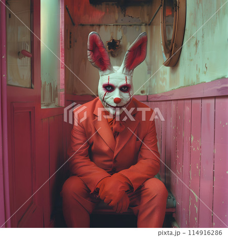 A person wearing a bunny headgear and fur costume is sitting in a magenta doorway, creating a whimsical and entertaining scene reminiscent of a fictional character from a work of art 114916286
