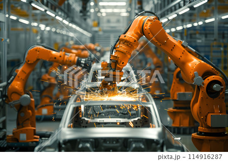 Machines in the factory are constructing a motor vehicle, with automated robots assembling the automotive exterior, hood, and lighting design 114916287