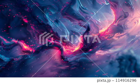The sky is a masterpiece of art, resembling a galaxy with shades of purple, magenta, and hints of lavalike gas, creating a stunning world of astronomical objects 114916296
