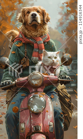 A carnivore dog and a companion cat are riding on a scooter. The dog, a livercolored working animal, has fur with tartan design. The cat plays with a toy as they enjoy the ride 114916344