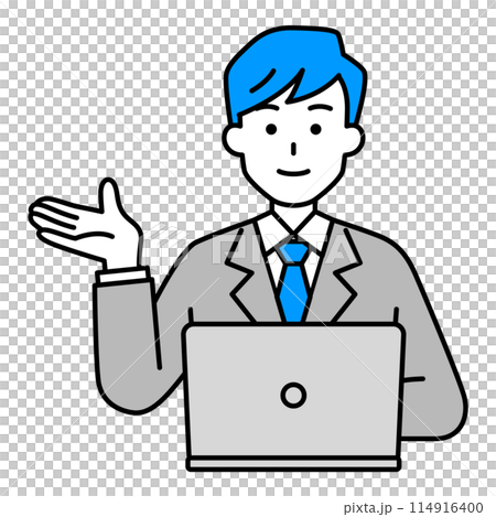 右手で案内するノートパソコンで仕事をしているスーツの男性 114916400