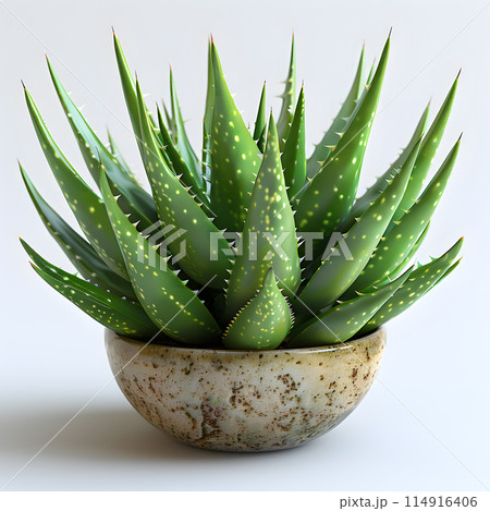 A green aloe vera plant, a houseplant, is displayed in a flowerpot on a white background. This terrestrial plant is a perennial with thick succulent leaves A green aloe vera plant, a houseplant, is displayed in a flowerpot on a white background. This terrestrial plant is a perennial with thick succulent leaves 114916406