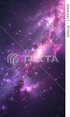 A stunning purple galaxy filled with countless stars, resembling a vibrant watercolor painting in the sky. This celestial artwork is a breathtaking mix of magenta hues and nebula clouds 114916409
