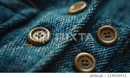 Macro photography captures the intricate details of electric blue buttons on a denim shirt. Each button, resembling a snout, forms a unique pattern on the shirt as a fashionable accessory 114916411